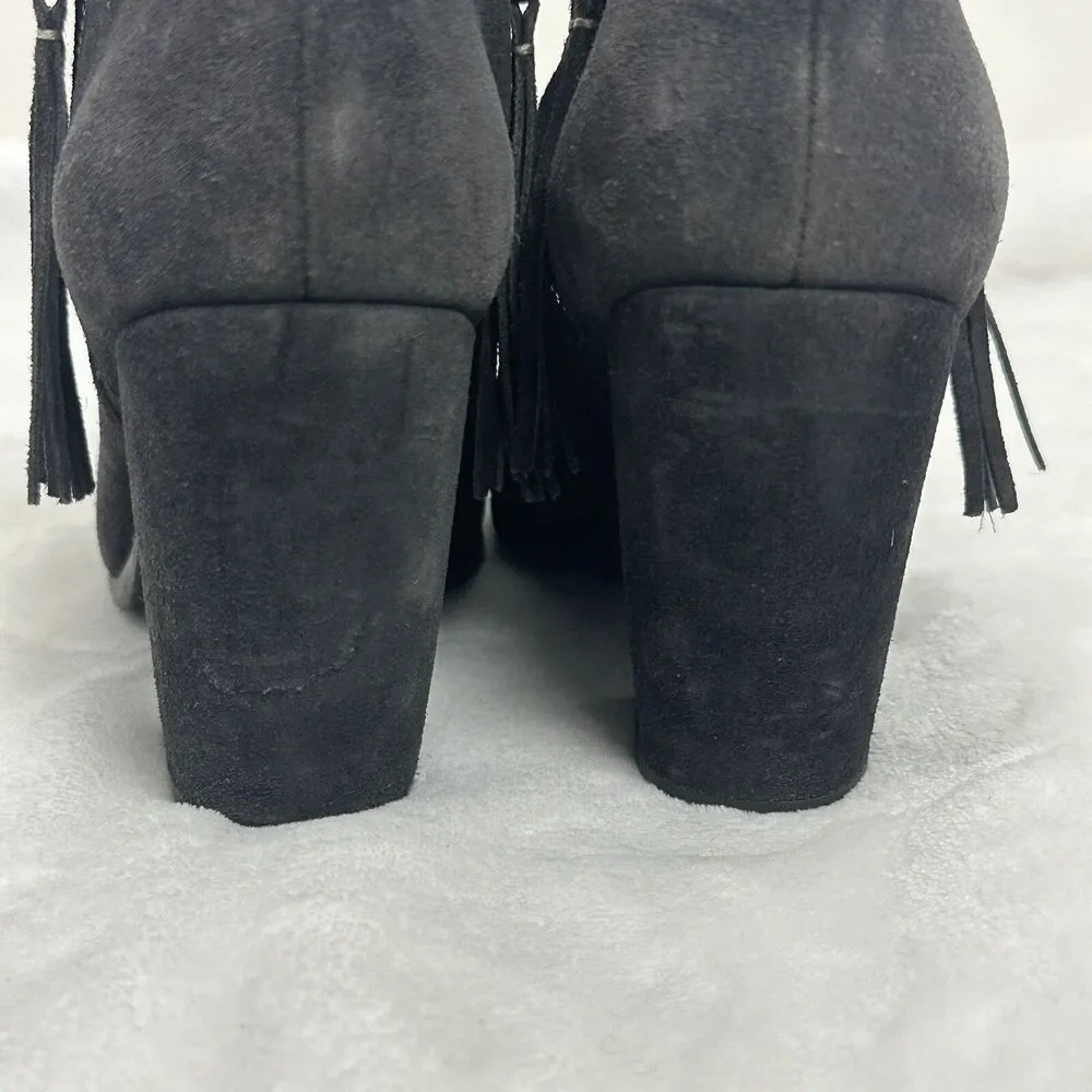 Rag & Bone Margot Ankle Booties Asphalt Grey Suede Fringe Block Heel Boho Casual